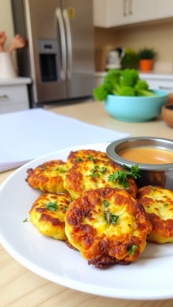 Crispy broccoli fritters on a plate with fresh herbs and dipping sauce.
